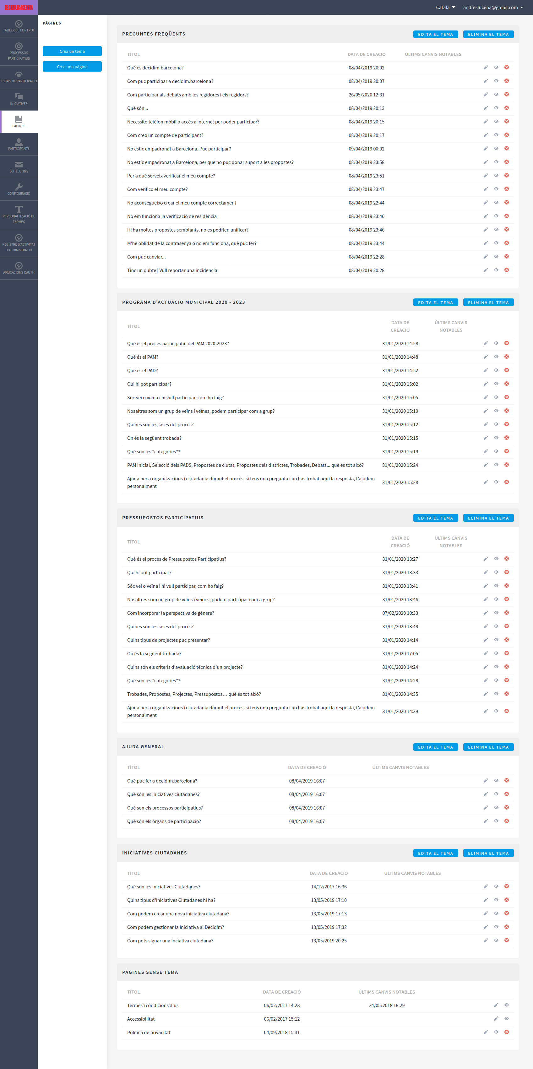 Backend: list topics of pages